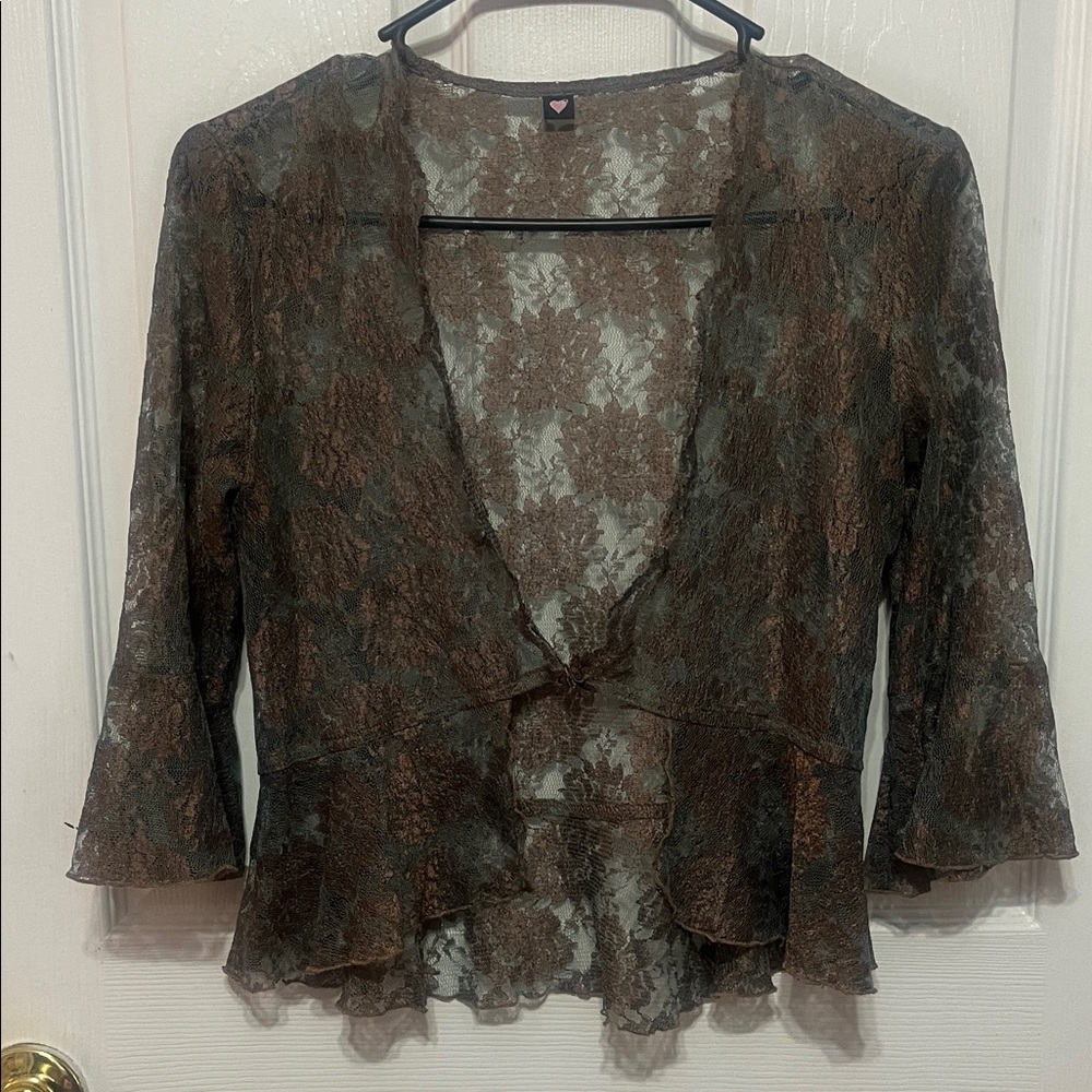 Chic Lace Overlay Blouse - Brown and Black